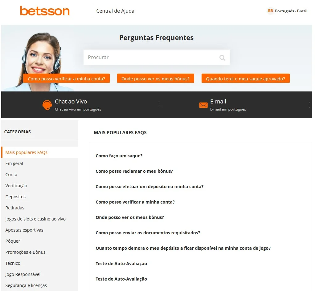 Suporte ao Cliente Betsson | World Casino Expert Brasil