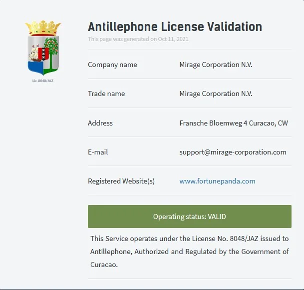 Licença do Fortune Panda Casino
