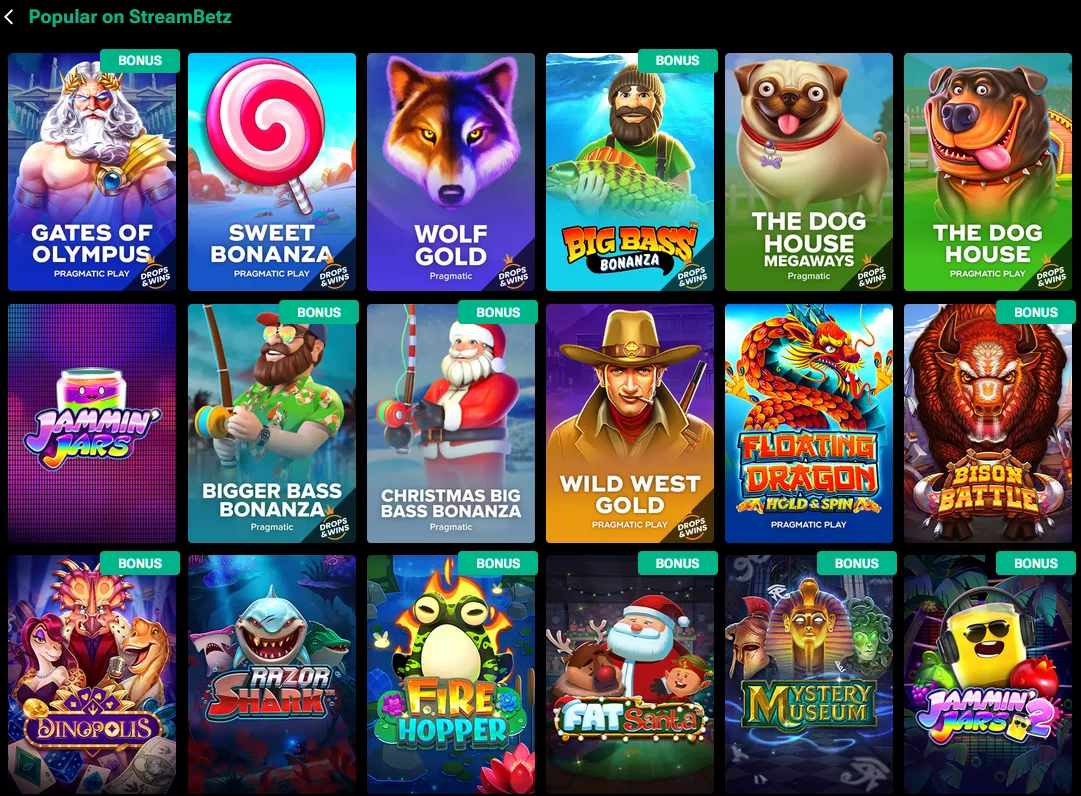 Quais slots de quais fornecedores são apresentados no cassino StreamBetz?