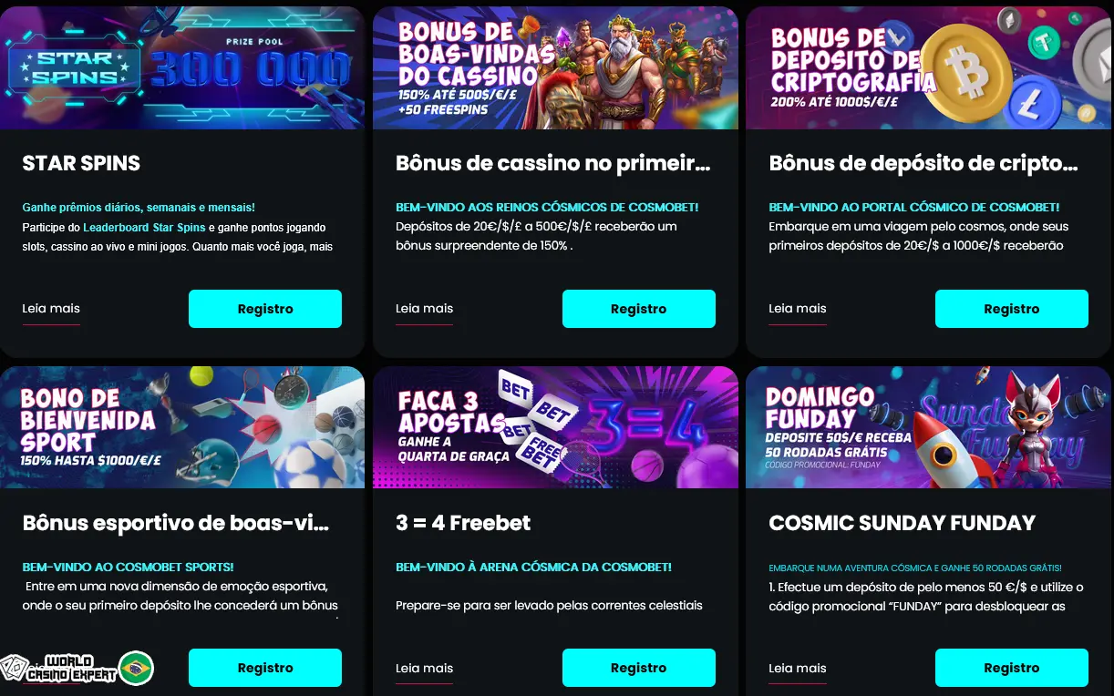 Bônus e códigos promocionais para jogadores brasileiros do CosmoBet Casino
